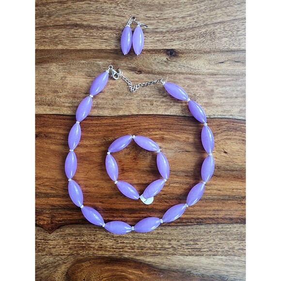 Lavender Jade Purple Gemstone Sterling Silver Signed GSJ Necklace Earrings Set 3 - Picture 1 of 7